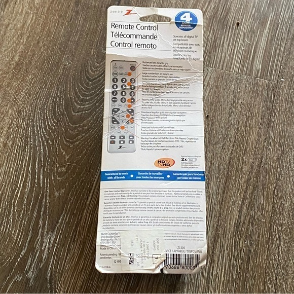 Zenith Remote Control Telecommande Control Remoto Operates‎ Major Brands New - Picture 4 of 4